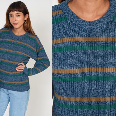 Striped Sweater 80s Pullover Knit Sweater Retro Crewneck Jumper Flecked Blue Green Brown Spring Acrylic Basic Vintage 1980s Medium M 
