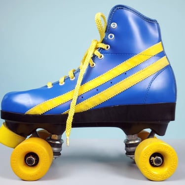 1970s vintage roller skates by Colt. Blue & yellow vinyl with racing stripes. Disco rollers. Unisex. Men 9.5/Women 11 