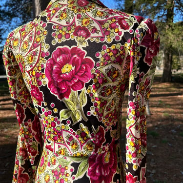 1940s Rayon Jersey Vivid Floral Tie Waist Jacket Vintage 36 Bust 