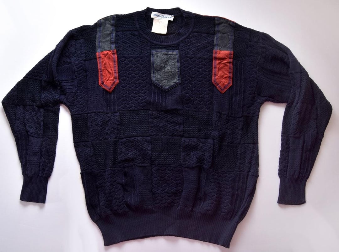 Vintage 80s Italian Mens Long Sleeve Pullover popular Sweater Shetland Wool Red Blue