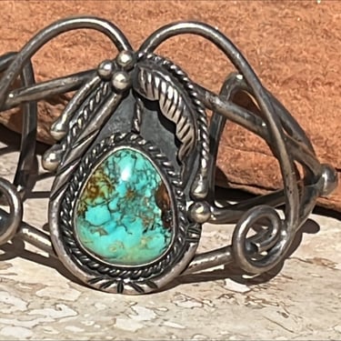 Vintage Paiute ~ Del Adams Sterling Silver and Turquoise Leaf / Feather Cuff Bracelet with Open Design 