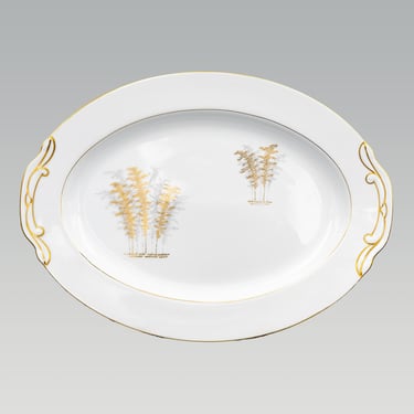 Fukagawa Arita Gold Bamboo 16" Oval Serving Platter | Rim Shape with Filigree | Vintage Japanese Mid Century Porcelain Dinnerware 