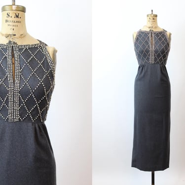 1960s RHINESTONE gray wool dress xxs | new fall winter 