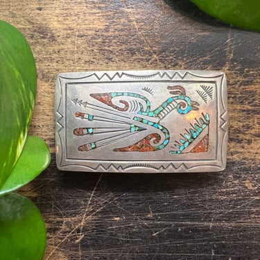 BUCKLE UP 1970's Turquoise & Coral Belt Buckle | Sterling Silver Thunderbird | Navajo Native American Indian, Southwestern Jewelry 