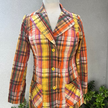 Vintage 70s seersucker blazer jacket yellow brown orange plaid Sz S/M by Tru Blouse. 