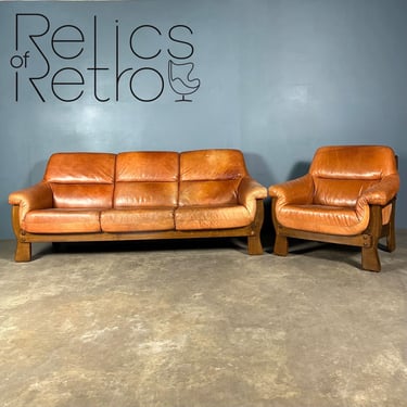 Brutalist Leather Three Seater Sofa & Matching Armchair Percival Lafer Style Mid Century Vintage Retro MCM 
