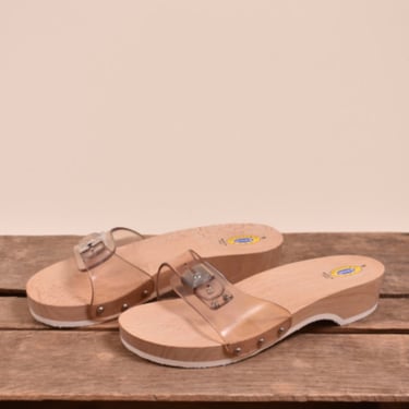 Wooden and Vinyl Buckle Sandals By Dr. Scholls, 8