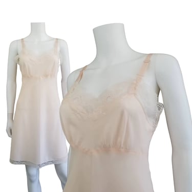 Vintage 60s Full Slip, Small / Pale Peach Vintage Lingerie / Delicate Lace Trimmed Mini Slip Dress / Romantic 1960s Dress Slip by Barbizon 