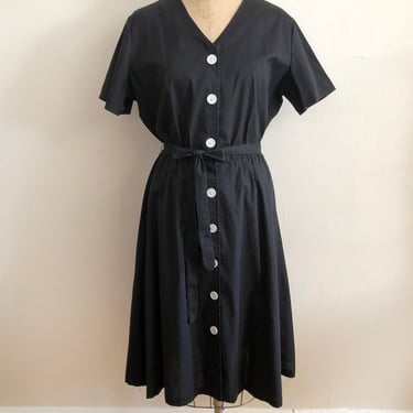 Black Cotton Dress with White Buttons - 1980s 