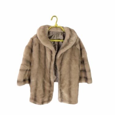 Vintage Tan Cream Faux Fur Cape Wrap Shawl Satin Lined Jacket Cocktail Retro 