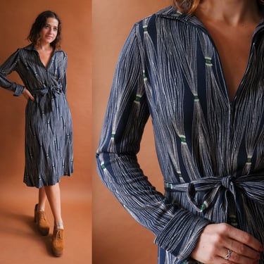 Vintage 70s Diane Von Furstenberg Jersey Tassel Dress/ 1970s Black White Zip Front Long Sleeve Dress/ Size Medium 