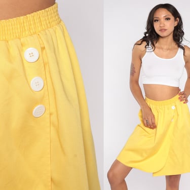 Yellow Mini Skirt 80s Tulip Hem Skirt Pocket Decorative Button High Elastic Waist Retro Girly Boho Simple Summer Vintage 1980s Medium M 
