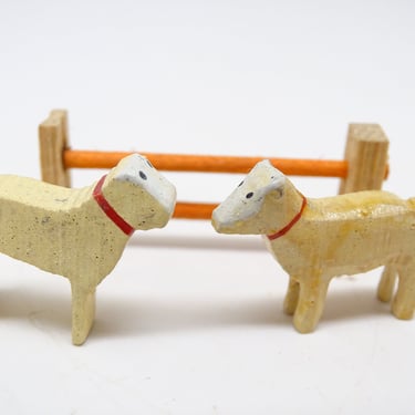 2 Tiny Antique German Wooden Sheep with Fence, Vintage Hand Painted Toys for Putz or Nativity Creche, Retro MCM 