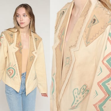 Southwestern Jacket 90s Painted Eagle Concho Fringe Blazer Abstract Painted Southwest Print Tan Tonal Hippie Coat Vintage 1990s Medium M 