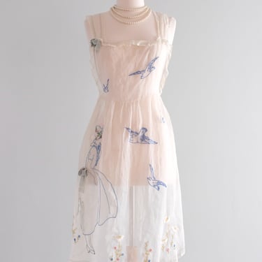 Sweetest 1920's Organdy &amp; Lace Blue Canary Hand Embroidered Pinafore / Sz OS