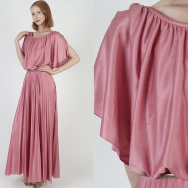 Pink 70s Grecian Goddess Dress / Disco Lounge Sweeping Split Sleeves / Vintage Womens Toga Party Maxi Gown 