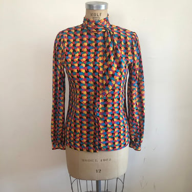Multicolored Abstract Print High-Neck Blouse - 1980s 