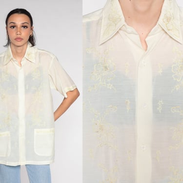 Embroidered Cutout Shirt 80s Semi-Sheer Off-White Floral Cutwork Shirt Button up Cut Out Top Short Sleeve Romantic Vintage 1980s Medium M 