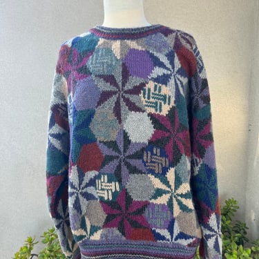 Vintage Bullock & Jones SF geometric print Alpaca wool hand knit pullover sweater Large 