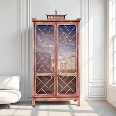 Vintage Pagoda Chinoiserie China Cabinet by Tomlinson - Hollywood Regency Lighted Glass Display Hutch - Brushed Rose Wood 