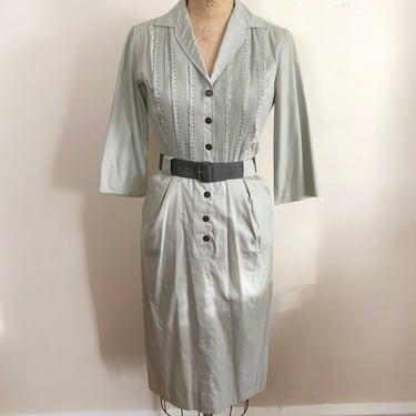Sage Green Cotton Shirtdress with Pintuck and Stitching Details - 1950s 