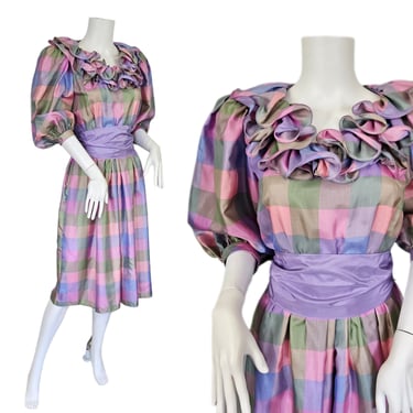 Donna Morgan 1980's Pastel Madras Checkered Print Poly Dress I Sz Sm I Ruffles 