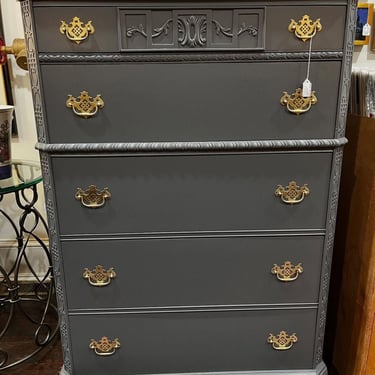 Beautiful carvings on this painted chest of drawers! 20”x52”x3ft 