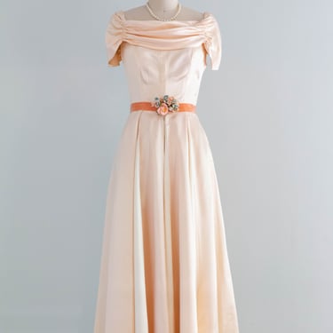 Gleaming 1940's Peaches & Cream Slipper Satin Formal Gown With Velvet Sash / XS