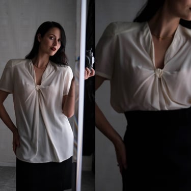 90s Giorgio Armani Silk Broad Shoulder Top | Plunging Neckline with Pleated Bow Detail | Vintage Bohemian Sheer Silk Designer Blouse 