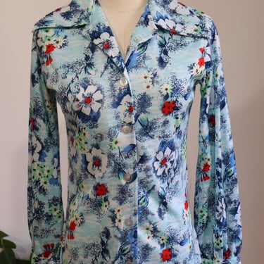 Vintage 1970s Pointy Collar Button Up Floral Shirt Blue Women's Size 10 Retro Blouse 