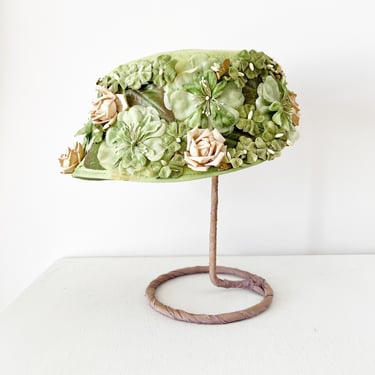 1950s Green Floral Hat  Head Piece - Spring Pastel Pink Crown Cap 