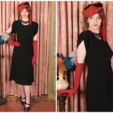 1940s Dress -  Sophisticated Black Rayon Crepe 40s Cocktail Dress with Crescent Peekaboo and Chevron Pleats 