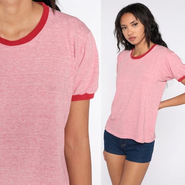 Ringer Tee Shirt 80s TShirt Heathered Pink Red Shirt Retro T Shirt Ringer Shirt Single Stitch Plain Shirt Vintage 1980s Medium 