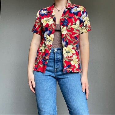 Vintage Women’s 90s Island Traders Red Tropical Floral Hawaiian Button Down Sz S 