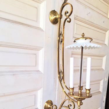 Large Bronze Sconce with Candle Sockets and Milk Glass Shade, Antique Large Wall Sconce, Architecture Salvage 031101 
