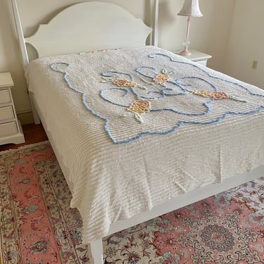 NEW - Vintage Chenille Bedspread, Twin of Full Size, Shabby Chic Coverlet, Floral Pattern, Blue, Yellow, Orange, Pink Green, Cutter 