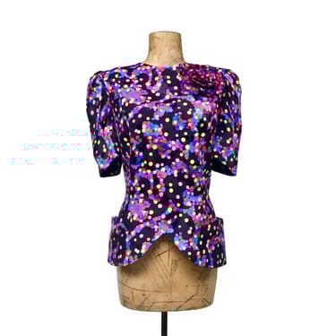 Vintage 1980s Silk Jacquard Peplum Top, 80s Whimsical Raoul Blanco Black Multi-Colored Polka Dot Blouse, Size 10, 38