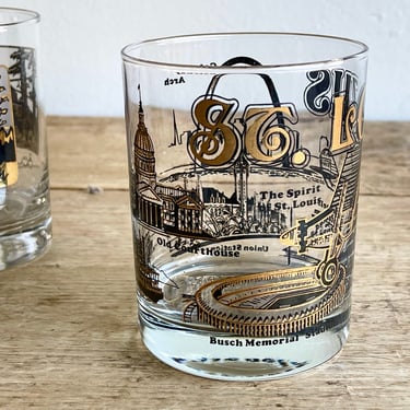 Set of Two Vintage Lowball Glass MCM Souvenir Black and Gold Plate St Louis Missouri Cocktail Glasses Mid Century Barware 