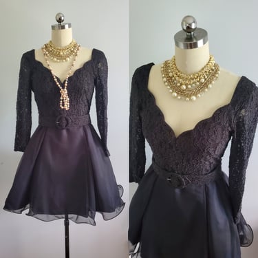 1980s Cocktail Dress with Matching Belt and Built-in Crinoline- 80s Midnight Glo Dress - 80s Women's Vintage Size Medium 