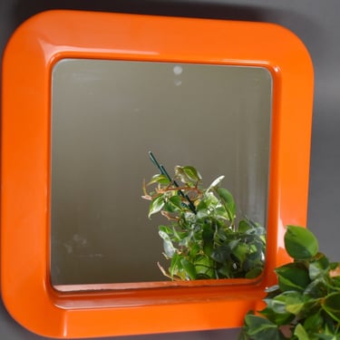 Vintage Space Age Square-Shaped Orange Plastic Mirtor,Pop Art Round Corners Mirror,Vintage Mirror from 1970's, Retro Orange Wall Mirror,MCM 