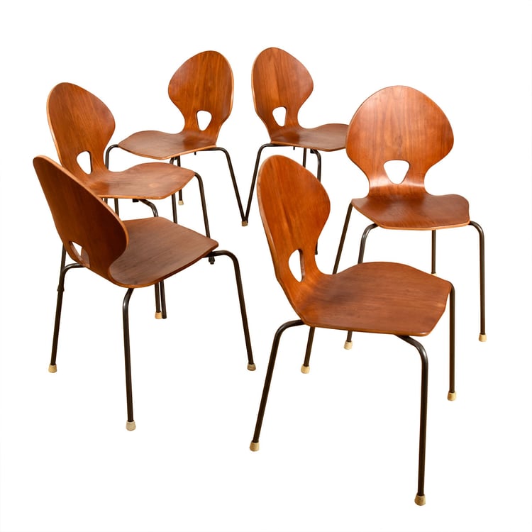 Set of 6 Danish Teak &#038; Chrome Arne Jacobsen Style Stacking Dining Chairs