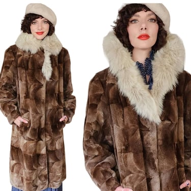 Vintage 80s Fur Coat Sheared Beaver Blue Fox Fur Collar Patchwork Style 