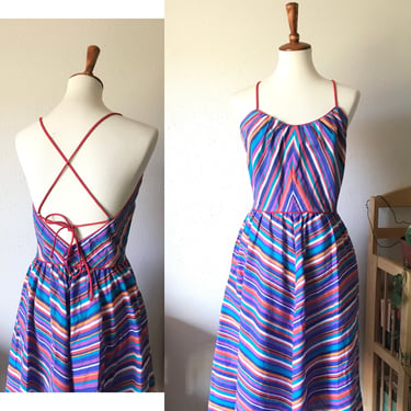 Vintage Lanz rainbow chevron strappy backless day dress size small 
