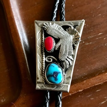 Vintage Navajo Bolo Tie Silver Turquoise Coral Signed Jewelry Handmade Eagle 1960s 1970s 