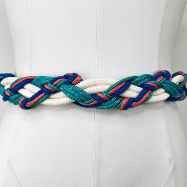 Vintage 1980's Multi Color Braided Rope Belt 31" Waist M/L | Turquoise, Blue, Pink, White, Summer, Spring, Sailor, Fairy, Mermaid, Costume 