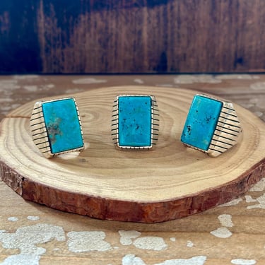 TREVOR JACK Large Square Sterling Silver & Turquoise Mens Ring | Kingman | Navajo Native American Southwestern Jewelry | Size 10, 11, 12 