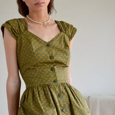 benetton calico button front olive green mini sweatheat neckline dress 