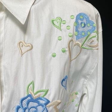 Vintage 1990s 90s 80s White Floral Button Down Shirt Escada Designer Blouse Embroidered Plants Flowers Long Sleeve Women's Unisex Dead Stock 