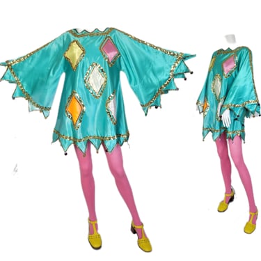1960's Turquoise Blue Satin Carnival Jester Short Tunic Dress I Sz Med -Lrg I Costume I Circus I Harlequin I Sgt Pepper 