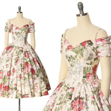 Vintage 1980s Dress | 80s KARIN STEVENS Romantic Floral Print Cotton Off Shoulder Sweetheart Fit Flare Circle Skirt Shirred Pockets (xs/s/m) 